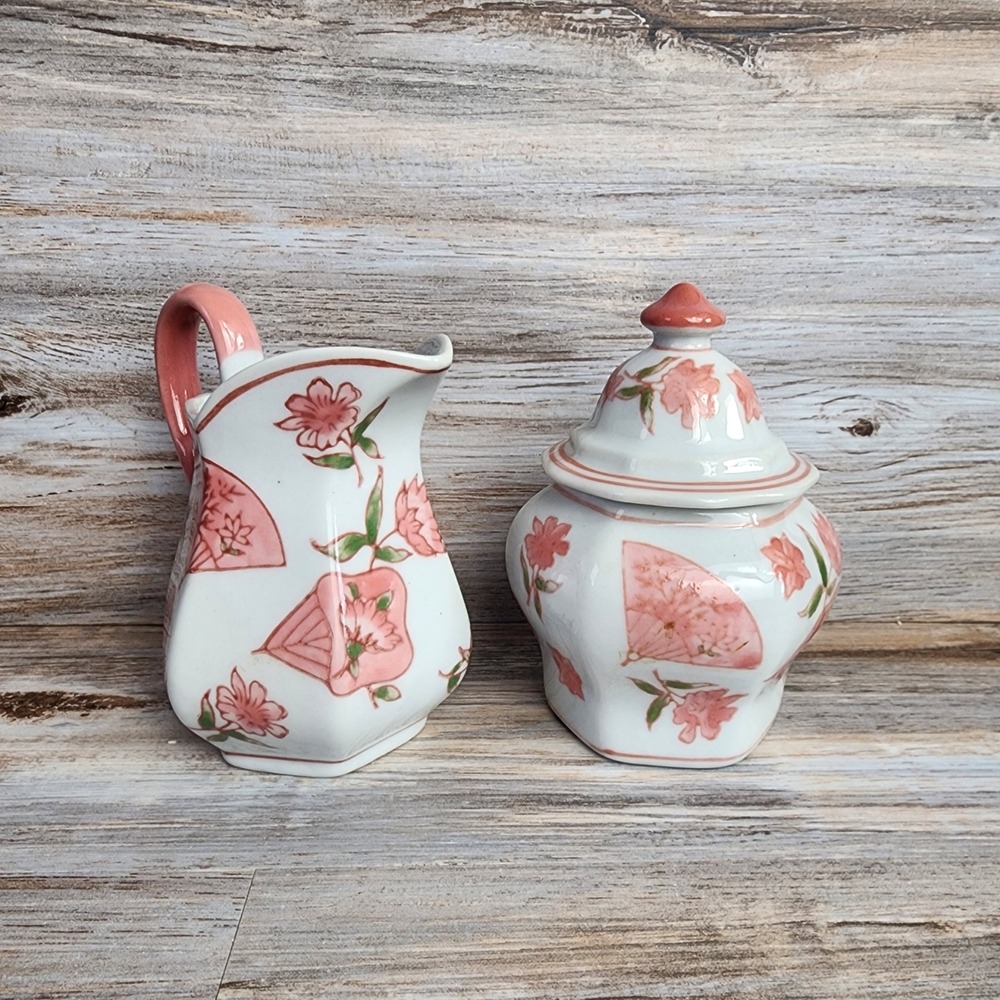 April Cornell Floral Fan Ceramic Creamer and Sugar Bowl Set Pink White Hexagon